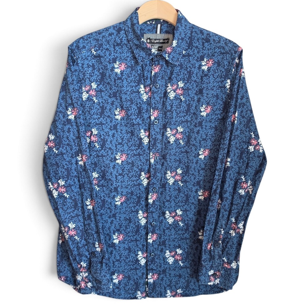 English Laundry Shirt Mens Medium M Blue Floral Long Sleeve Button Down Cotton